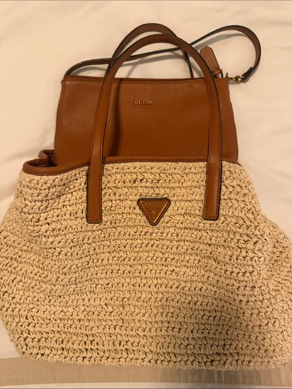 GUESS Vikky 2 in 1 Brown Leather-Trim Straw Tote with Matching Brown Pouch